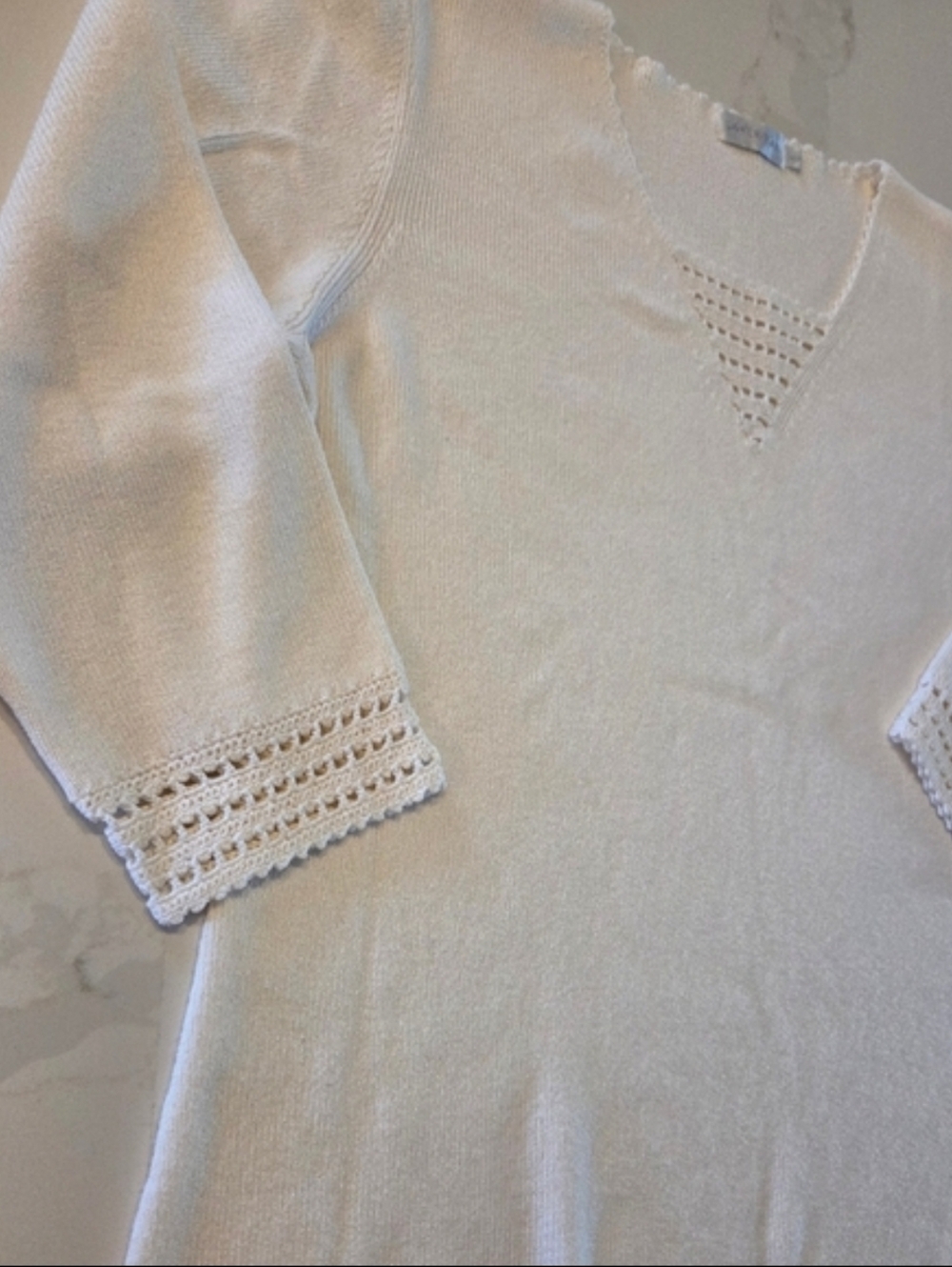 Lakewear 3/4 Sleeve Ivory Cream Knit Sweater with Crochet Details